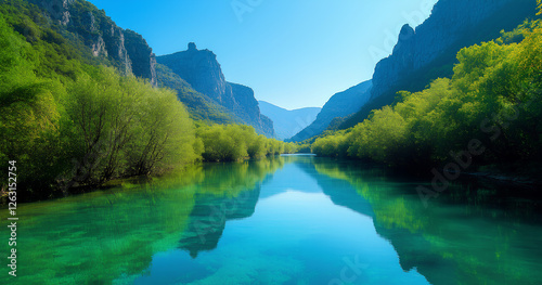 Serene Mountain River Gorge Reflecting a Sunny Day
