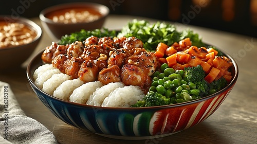 Indonesian lontong cap go meh with rice cakes, vegetables, chicken, and a spicy peanut sauce, served in a colorful bowl