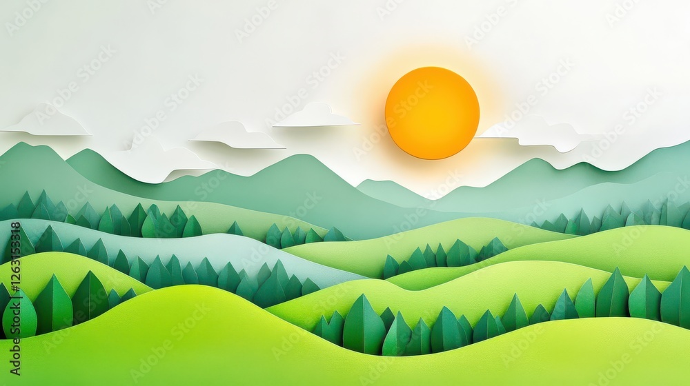 Obraz premium Vibrant Nature Landscape with Sun and Mountains