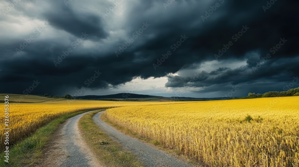 Stormy countryside road through wheat field Stormy countryside road through wheat field