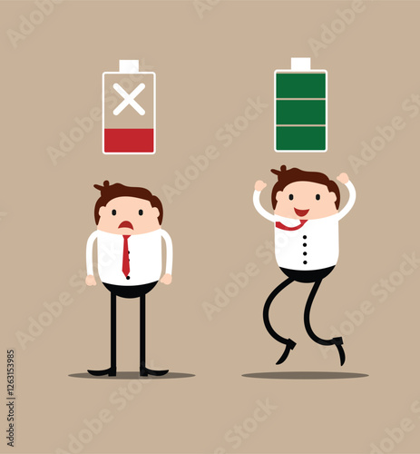 Business Man with Full and Low Battery Flat Style. Office white collar work and overworking concept vector art