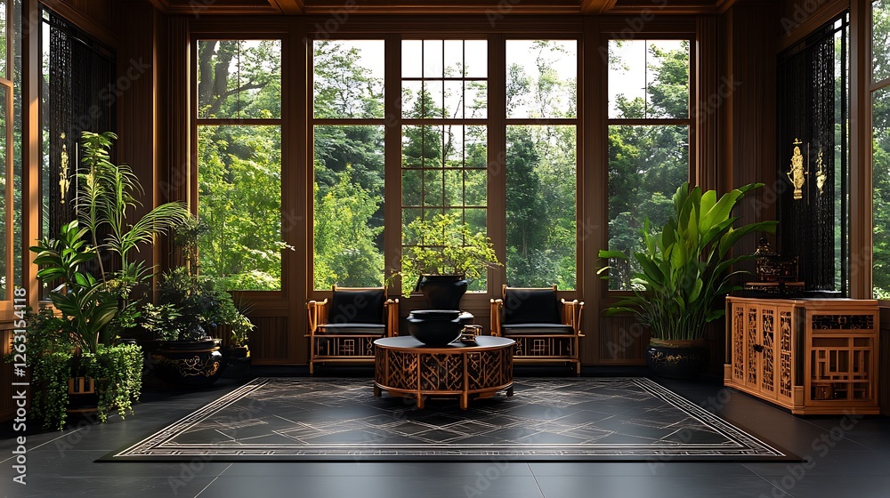 Fototapeta premium Serene Sunroom Interior Design: Lush Greenery and Natural Light AI Generated
