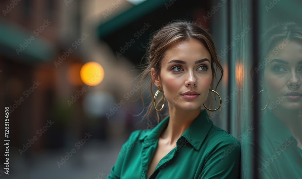 Obraz premium Woman wearing green blouse stands beside a window in urban street