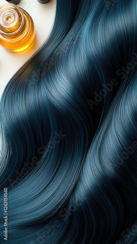 Shimmering waves of dark blue hair cascade elegantly across a light background, accompanied by a small bottle of hair oil placed nearby, showcasing vibrant texture