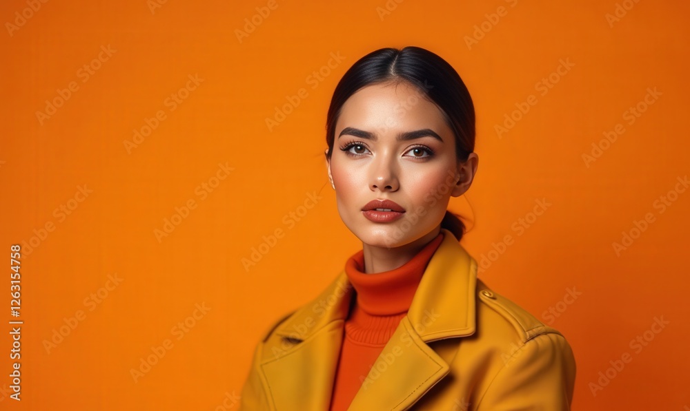 Stunning model poses against bright orange backdrop in stylish outfit