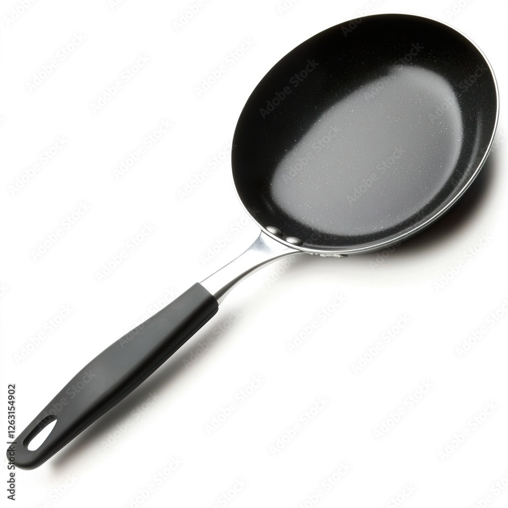 Black Non-Stick Pan with Sleek Handle for Cooking and Baking Use, Bakery equipment and tools concept. Black Non-Stick Pan with Sleek Handle for Cooking and Baking Use, Bakery equipment and tools concept.
