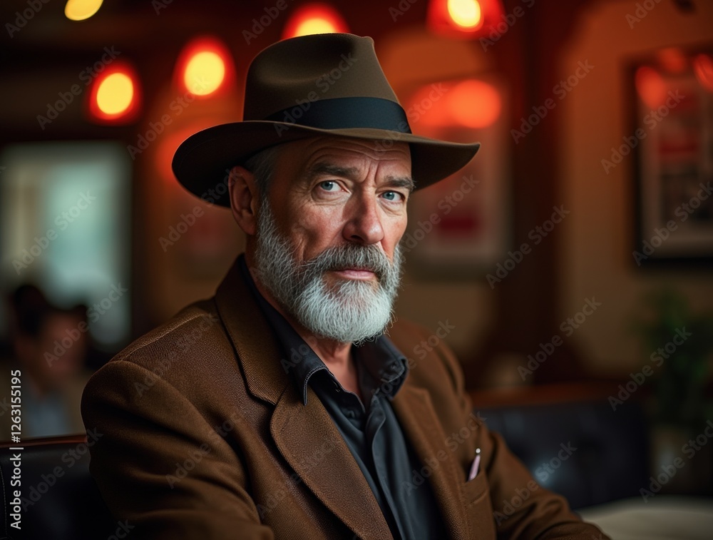 Mature man with beard and hat sitting in a cozy restaurant during evening light Mature man with beard and hat sitting in a cozy restaurant during evening light