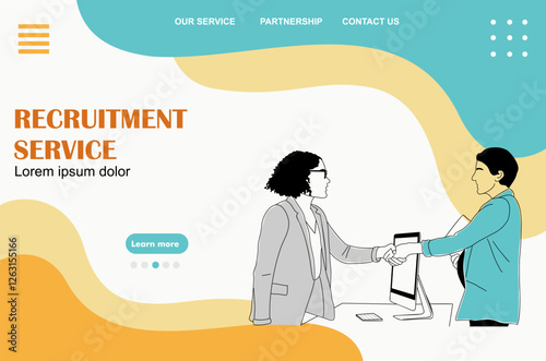 Recruitment service landing page template with hand drawn business scene of professionals shaking hands. Flat vector illustration