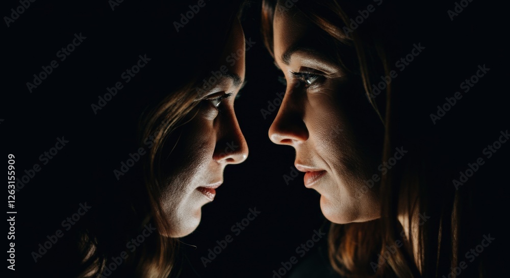 Two female faces in profile with dramatic lighting and contrast Two female faces in profile with dramatic lighting and contrast