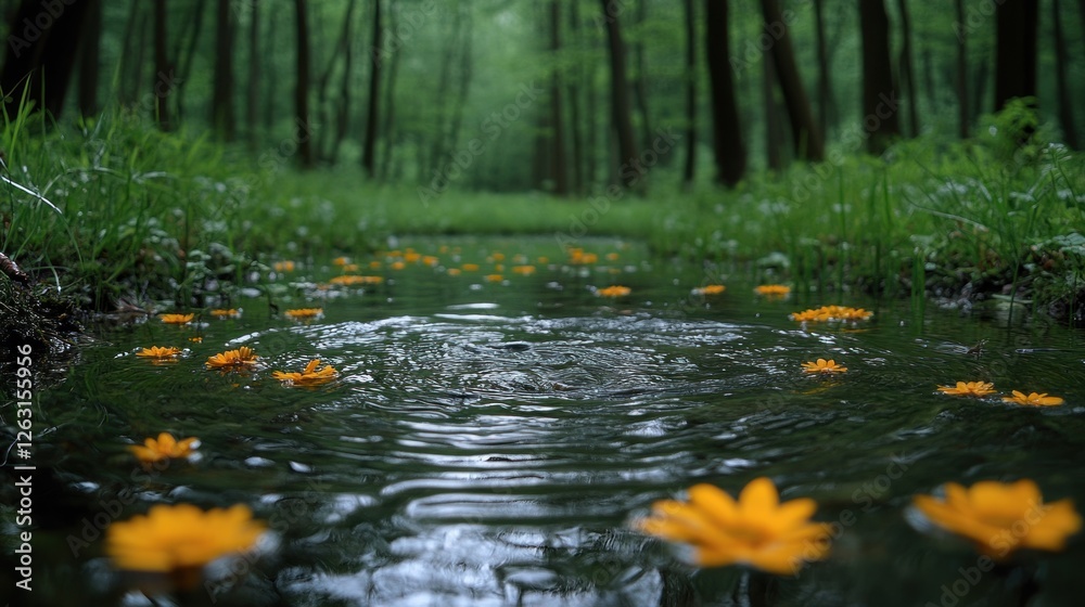 Yellow Flowers Floating Gently Down A Forest Stream Yellow Flowers Floating Gently Down A Forest Stream