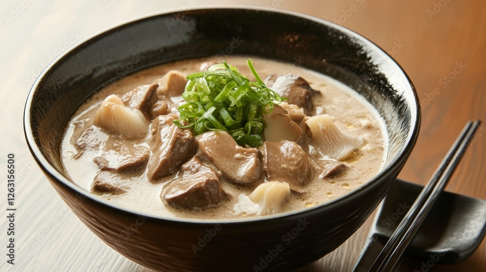 Pork and mushroom soup with wood-ear mushrooms, served in a lacquer bowl with chopsticks on the side, Pork and mushroom soup with wood-ear mushrooms, served in a lacquer bowl with chopsticks on the side,