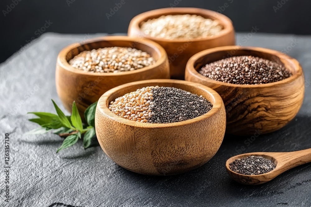 Elegant Display of Various Grains and Seeds in Rustic Wooden Bowls on Slate Background