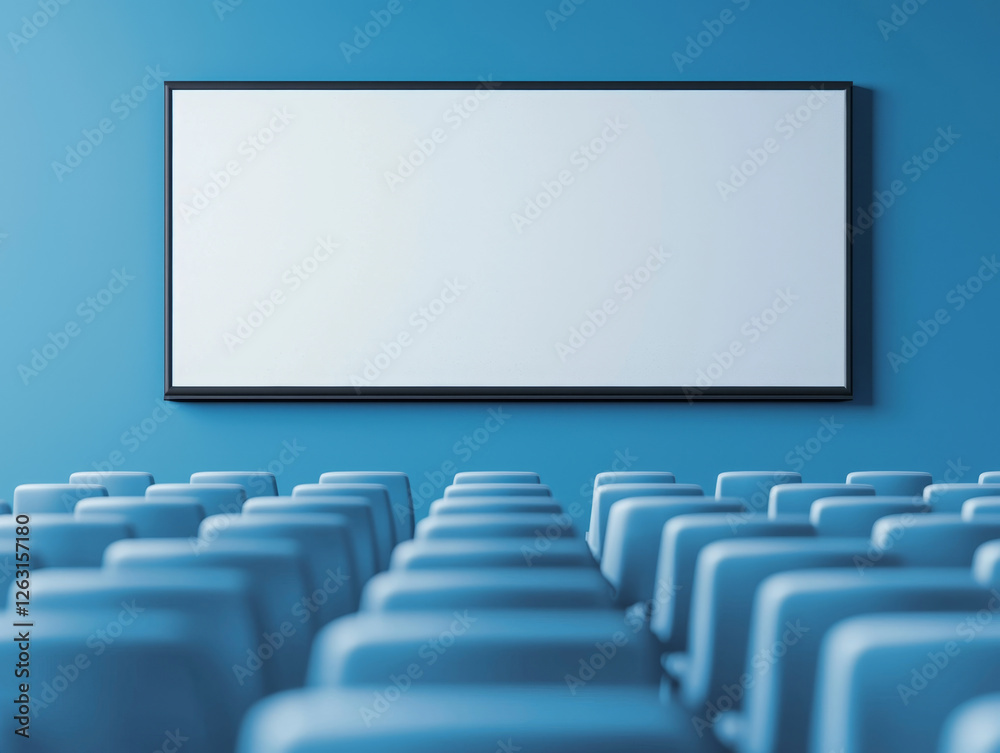 Fototapeta premium Empty auditorium with blue chairs and large blank screen