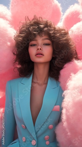 The image features a woman with dark brown hair wearing a light blue suit jacket adorned with large pink buttons, set against a backdrop of fluffy cotton candy clouds. photo