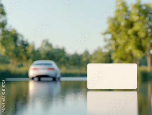 Blank credit card displayed in foreground with car in background photo