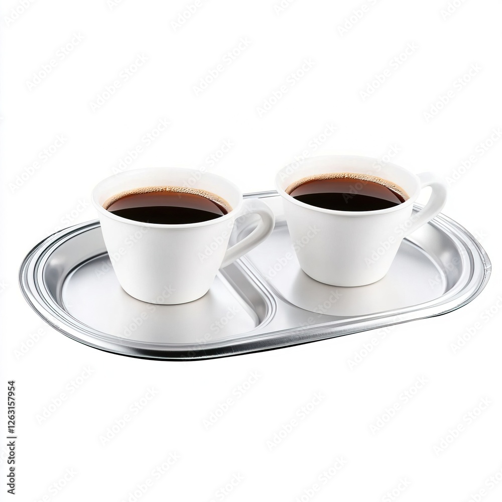 Elegant White Cups with Coffee on Metal Tray, Coffee and Food Equipment Concept. Elegant White Cups with Coffee on Metal Tray, Coffee and Food Equipment Concept.