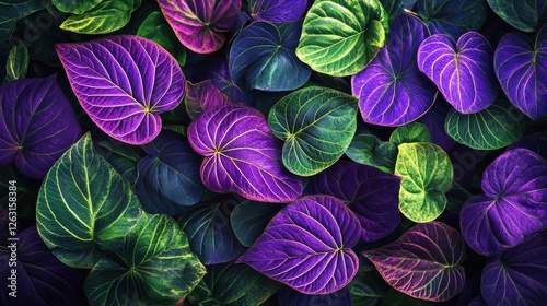 Tropical Leaves Glowing in Neon Purple and Green