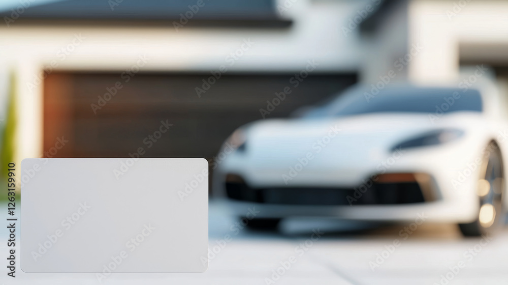 Blank credit card displayed in foreground with luxury car in background Blank credit card displayed in foreground with luxury car in background