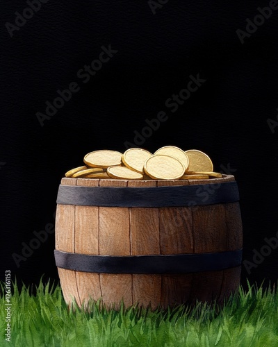 A wooden barrel filled with gold coins, symbolizing wealth and prosperity. photo