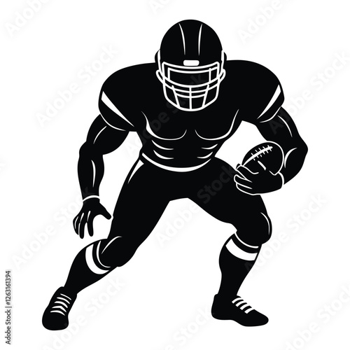 A silhouette of an American football player in action, featuring a strong, athletic stance with a football in hand. The figure is dynamic, capturing the intensity of the sport.