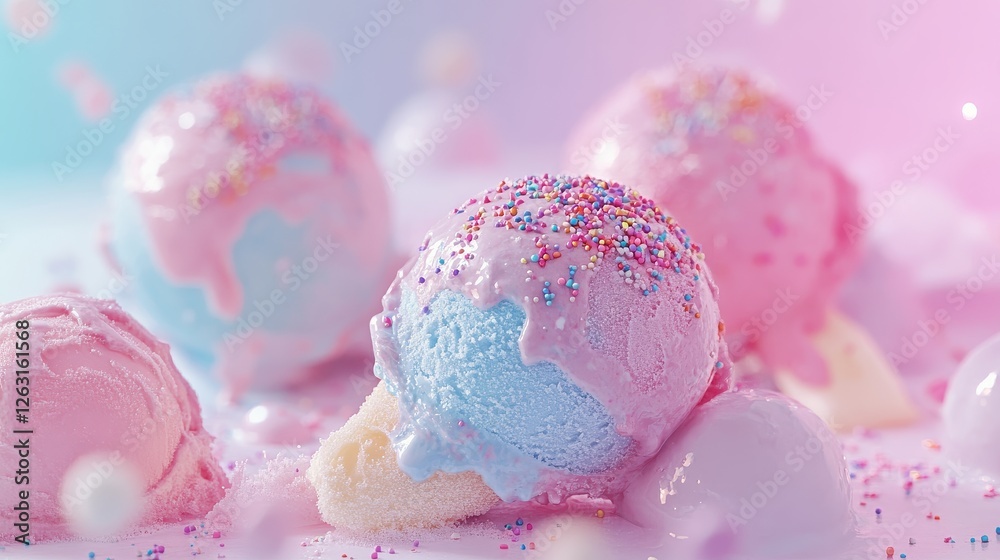 Ice cream scoops in pastel colors with sprinkles. Ice cream scoops in pastel colors with sprinkles.