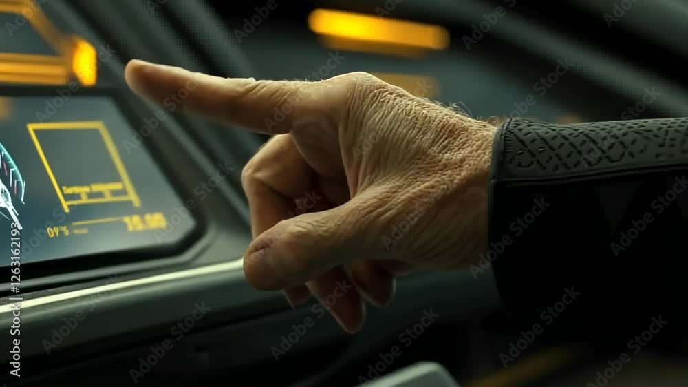 Futuristic Car Interface: A Close-Up of a Hand Interacting with a High-Tech Dashboard Display