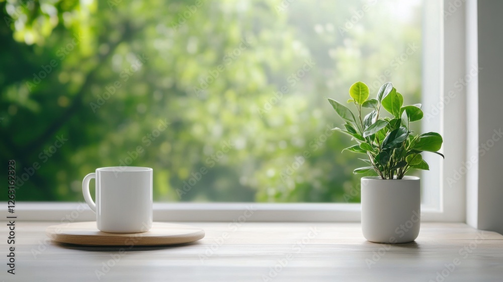 Cozy indoor scene with a white cup, wooden tray, and small green plant near a bright window with sunlight Cozy indoor scene with a white cup, wooden tray, and small green plant near a bright window with sunlight