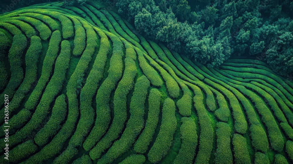 Fototapeta premium Aerial view of lush green rice terraces forming a mesmerizing pattern on hillside
