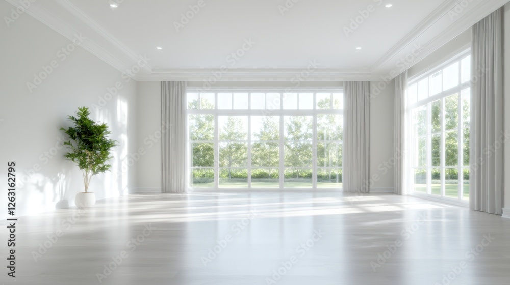 Fototapeta premium Empty White Room with Large Windows Overlooking Garden. Interior Design