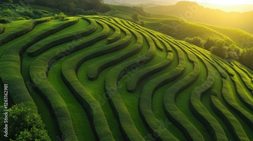 Aerial view of rolling green tea plantation at sunrise. Lush green hills form a beautiful pattern.