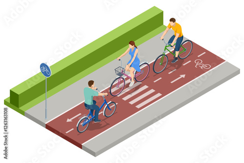 An isometric, vector illustration of multiple cyclists using a dedicated bicycle path with marked lanes, a bike sign, and road safety indicators