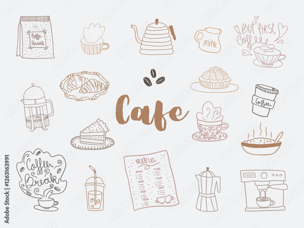 Set of Coffee clipart files, Cafe vector elements, coffee shop, croissant, breakfast, pie,desserts. Hand Drawn caffeteria outline illustrations