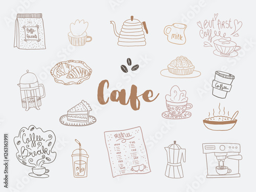 Set of Coffee clipart files, Cafe vector elements, coffee shop, croissant, breakfast, pie,desserts. Hand Drawn caffeteria outline illustrations