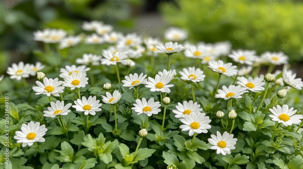Fototapeta premium A lush garden brimming with daisies invites attention with their white petals and bright yellow centers. These blooms create a cheerful tapestry, symbolizing beauty and vitality in nature.