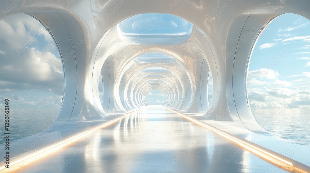Fototapeta premium Futuristic White Corridor Overlooking a Calm Ocean