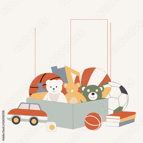 Excessive consumption Minimalist illustration of hoarded old toys in a storage box