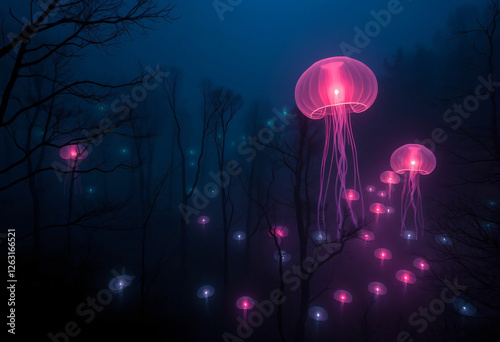 Forest with fog, light jelly fish