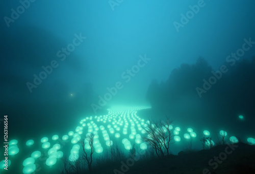 Forest with fog, light jelly fish