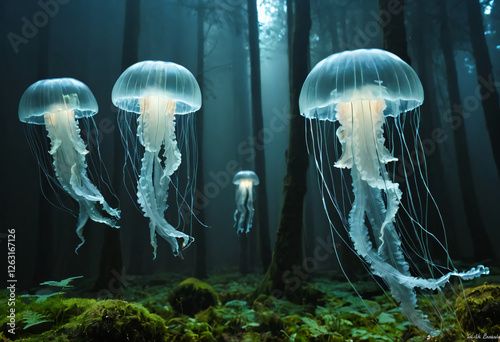 Forest with fog, light jelly fish