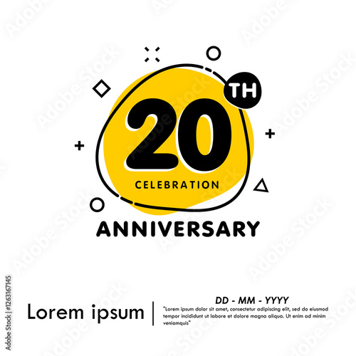 20th years anniversary celebration emblem. anniversary logo badge isolated with liquid organic shapes or irregular round blot form with doodle circle line on white background. vector illustration