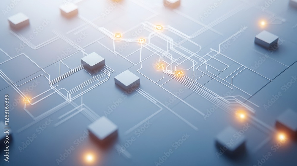 Obraz premium Abstract flowchart with glowing nodes and connections illustrating business process optimization and efficiency.
