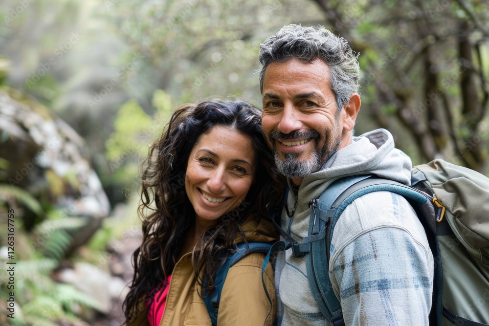 Portrait of a happy latino couple in their 30s going on a hike in nature Portrait of a happy latino couple in their 30s going on a hike in nature