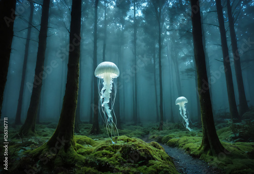 Forest with fog, light jelly fish
