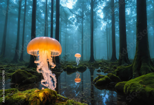 Forest with fog, light jelly fish