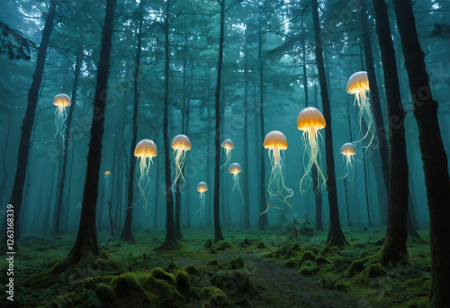 Forest with fog, light jelly fish