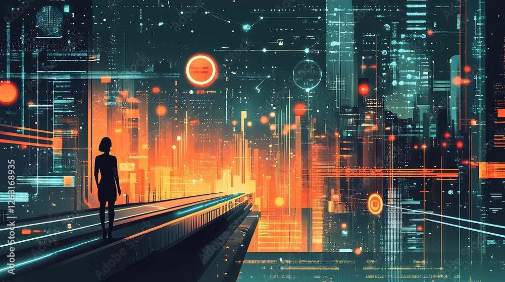 custom made wallpaper toronto digitalWoman silhouetted against a futuristic cityscape with vibrant orange and teal hues, standing on an elevated platform.