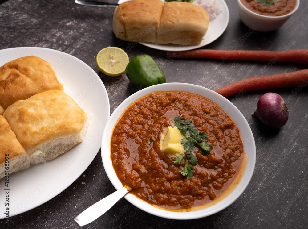 Mumbai Style Pav or paav bhaji is a fast food dish from India, consists of a thick vegetable curry served with a soft bread roll, served in a plate Mumbai Style Pav or paav bhaji is a fast food dish from India, consists of a thick vegetable curry served with a soft bread roll, served in a plate