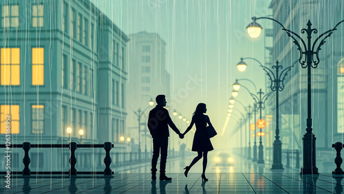 Rainy Romance: Couple Walking in the Rain
