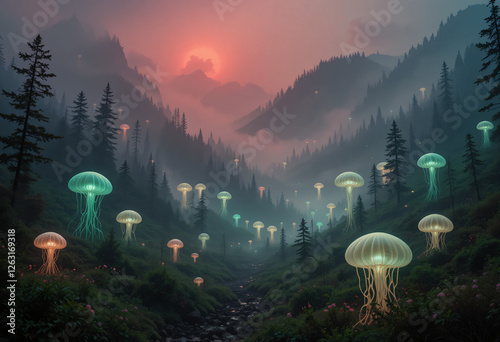 Forest with fog, light jelly fish