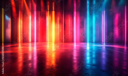 Wallpaper Mural Abstract Room with Neon Lights, Colorful Vertical Light Bars and Reflective Floor Torontodigital.ca